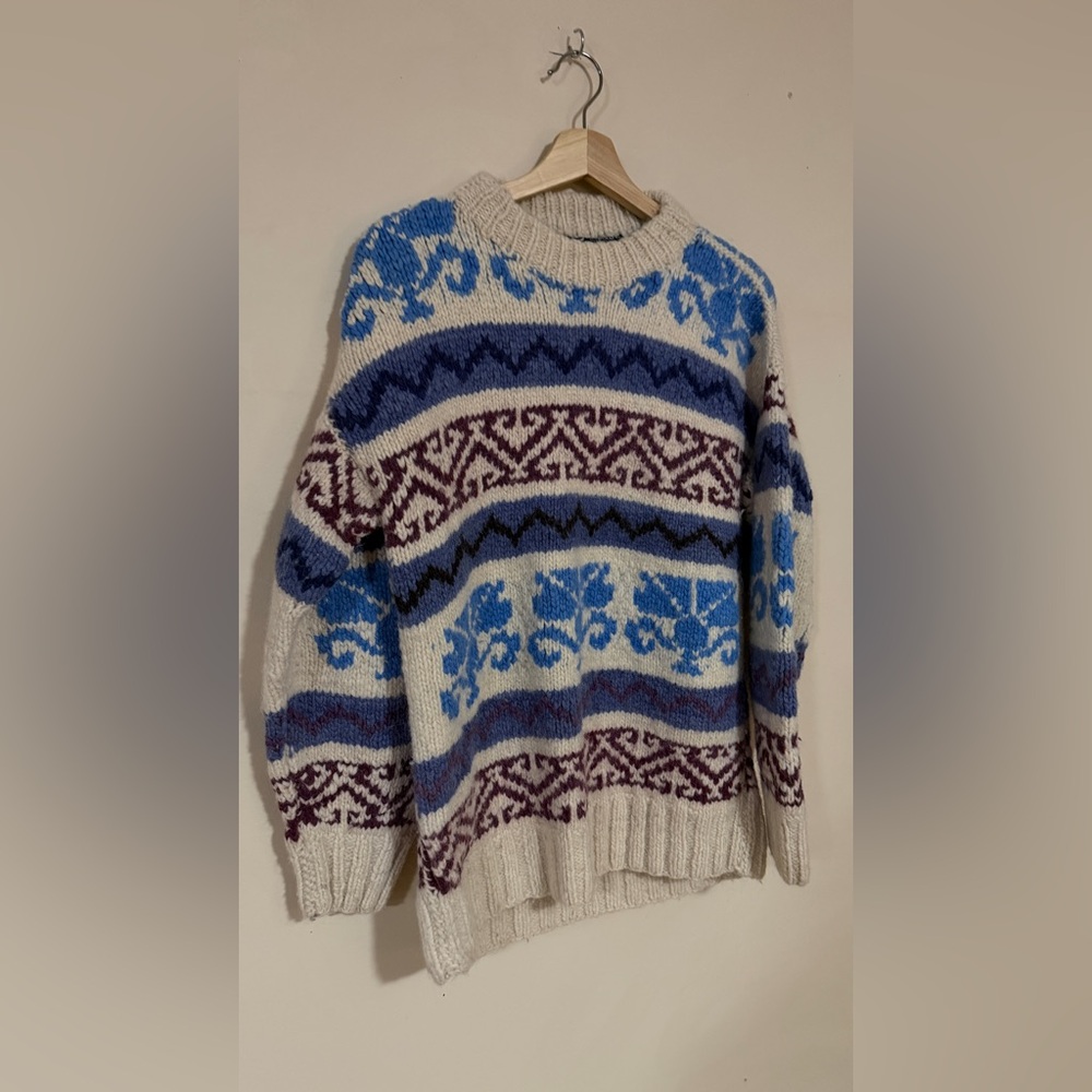 🩵 Vintage 90s 100% Wool Otavalo Knit Sweater | Chunky Fair Isle Cozy Pullover - Picture 9 of 10